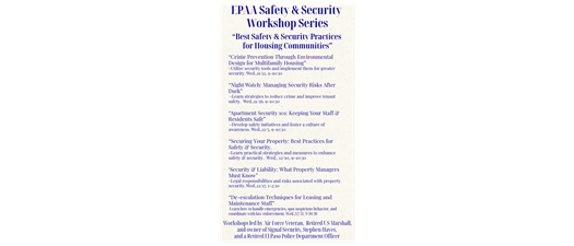 EPAA Safety & Security Workshop Series..."Best Safety & Security Practices for Housing Communities" - Security & Liability: What Property Managers Must Know. Wed., 12/17,  1-2:30